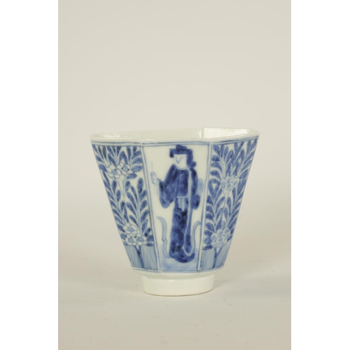 165 - AN 18TH CENTURY CHINESE KANGXI PERIOD BLUE AND WHITE PORCELAIN WINE CUP of octagonal tapering form r... 