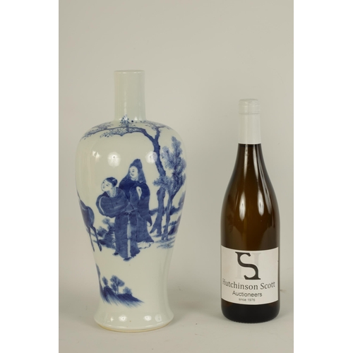 168 - A 19TH CENTURY CHINESE BLUE AND WHITE BOTTLENECK VASE decorated with script and figures under trees ... 