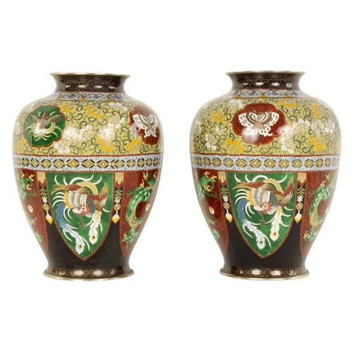 170 - A FINE PAIR OF JAPANESE MEIJI PERIOD CLOISONNE ENAMEL VASES with brightly coloured decoration depict... 