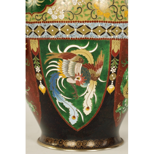 170 - A FINE PAIR OF JAPANESE MEIJI PERIOD CLOISONNE ENAMEL VASES with brightly coloured decoration depict... 