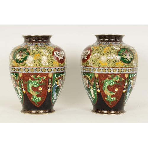 170 - A FINE PAIR OF JAPANESE MEIJI PERIOD CLOISONNE ENAMEL VASES with brightly coloured decoration depict... 