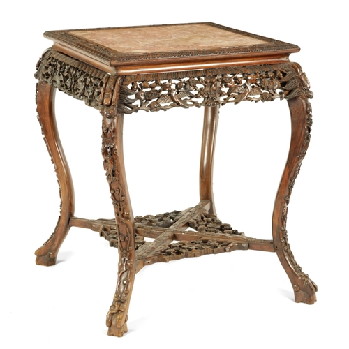 171 - A GOOD 19TH CENTURY FINELY CARVED CHINESE HARDWOOD SQUARE CENTRE TABLE with inset coloured marble to... 