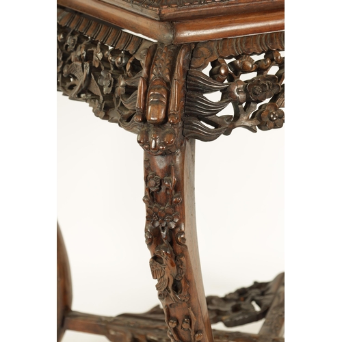 171 - A GOOD 19TH CENTURY FINELY CARVED CHINESE HARDWOOD SQUARE CENTRE TABLE with inset coloured marble to... 