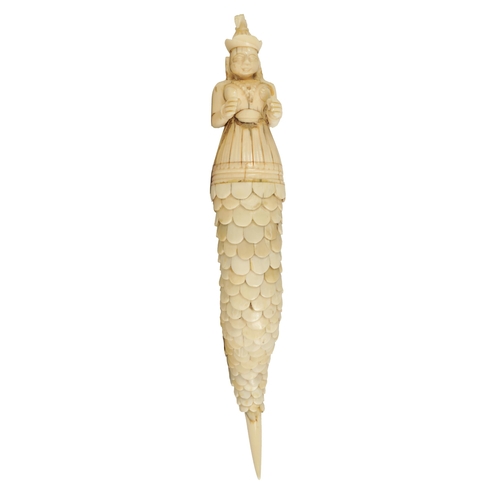 176 - AN EARLY INDIAN MUGHAL IVORY POWDER FLASK carved as a female figure with a scaled tail, the head for... 