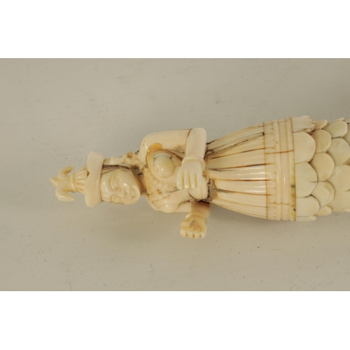 176 - AN EARLY INDIAN MUGHAL IVORY POWDER FLASK carved as a female figure with a scaled tail, the head for... 