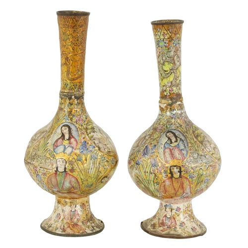 177 - AN INTERESTING PAIR OF 17TH/18TH CENTURY ISLAMIC ENAMELLED VASES decorated with religious panels sur... 