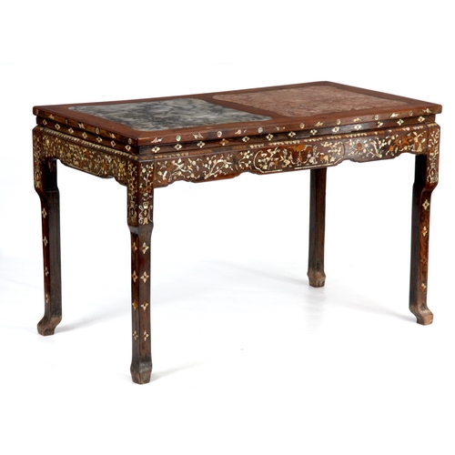 178 - A 19TH CENTURY CHINESE HARDWOOD AND MOTHER OF PEARL INLAID CENTRE TABLE with shaped square legs and ... 