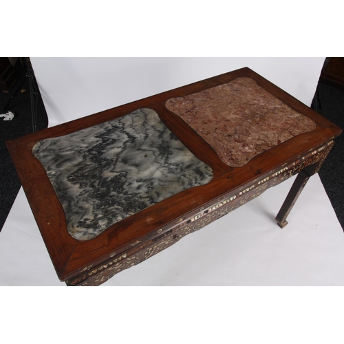 178 - A 19TH CENTURY CHINESE HARDWOOD AND MOTHER OF PEARL INLAID CENTRE TABLE with shaped square legs and ... 