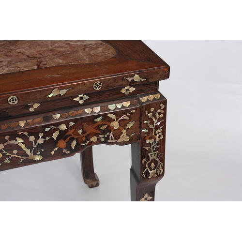 178 - A 19TH CENTURY CHINESE HARDWOOD AND MOTHER OF PEARL INLAID CENTRE TABLE with shaped square legs and ... 