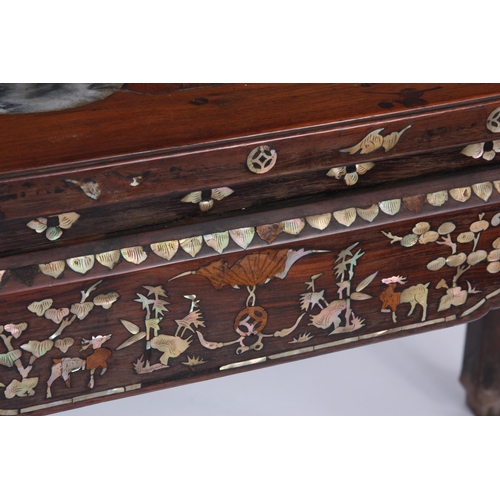 178 - A 19TH CENTURY CHINESE HARDWOOD AND MOTHER OF PEARL INLAID CENTRE TABLE with shaped square legs and ... 