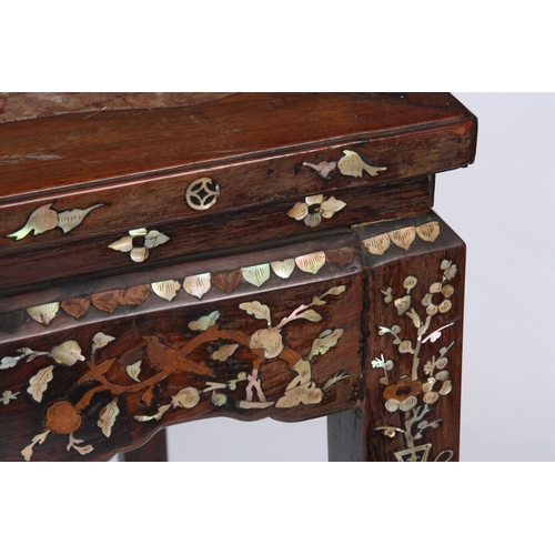 178 - A 19TH CENTURY CHINESE HARDWOOD AND MOTHER OF PEARL INLAID CENTRE TABLE with shaped square legs and ... 