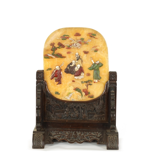 179 - A 19TH CENTURY CHINESE INLAID JADE TABLET ON STAND depicting hardstone, jade, mother of pearl and ci... 