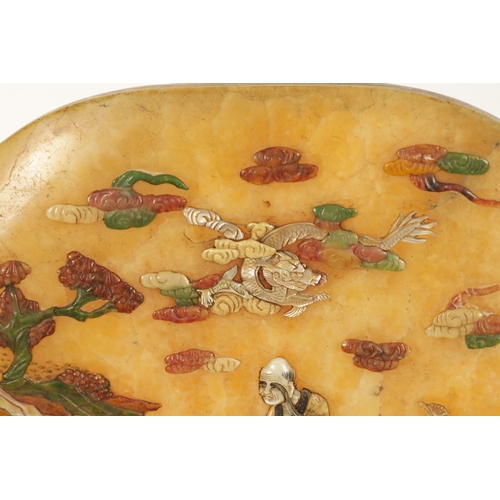 179 - A 19TH CENTURY CHINESE INLAID JADE TABLET ON STAND depicting hardstone, jade, mother of pearl and ci... 