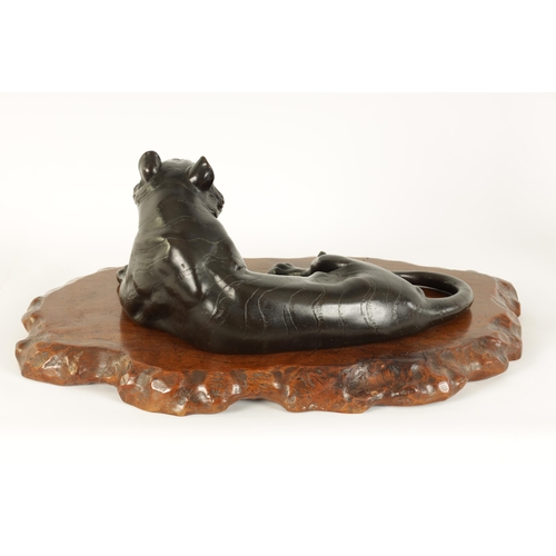 180 - A JAPANESE MEIJI PERIOD PATINATED BRONZE SCULPTURE modelled as a resting tiger on a shaped hardwood ... 