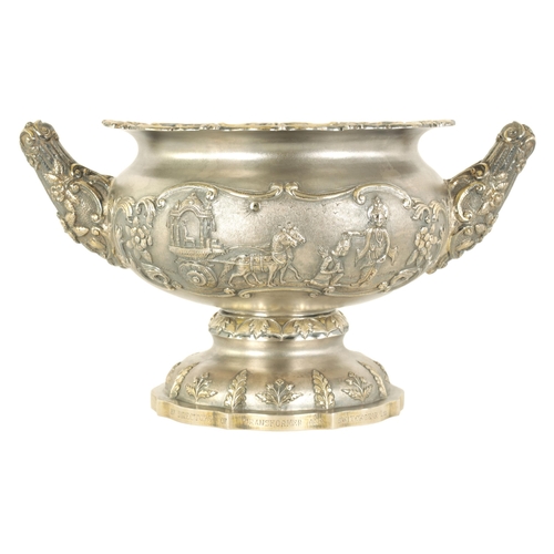 184 - A FINE 19TH CENTURY INDIAN SILVER BOWL of scalloped pedestal form with gilt interior and embossed fi... 