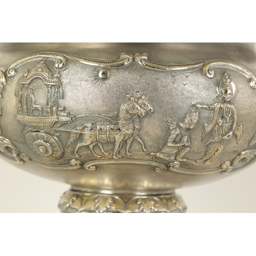 184 - A FINE 19TH CENTURY INDIAN SILVER BOWL of scalloped pedestal form with gilt interior and embossed fi... 