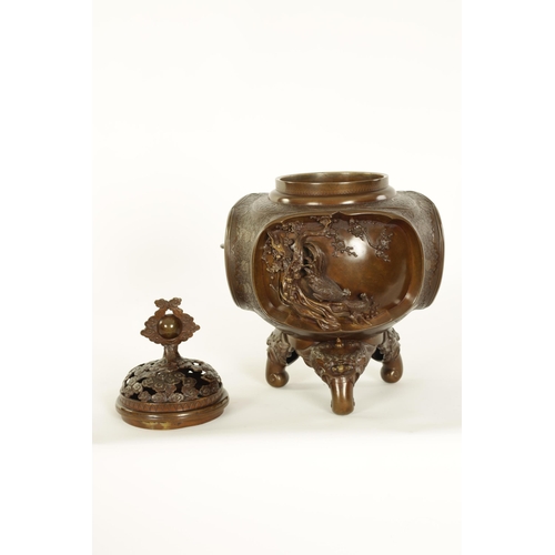 185 - A GOOD JAPANESE MEIJI PERIOD PATINATED BRONZE CENSER decorated with high relief triple panels of wat... 