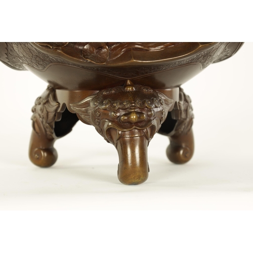 185 - A GOOD JAPANESE MEIJI PERIOD PATINATED BRONZE CENSER decorated with high relief triple panels of wat... 