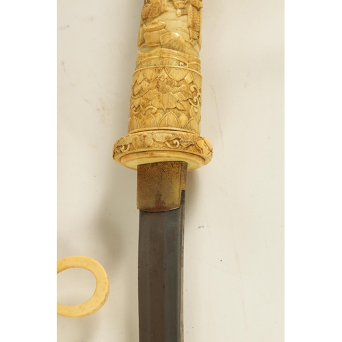 186 - A JAPANESE MEIJI PERIOD CARVED SEGMENTED IVORY SAMURAI SWORD finely carved with reliefwork scenes of... 