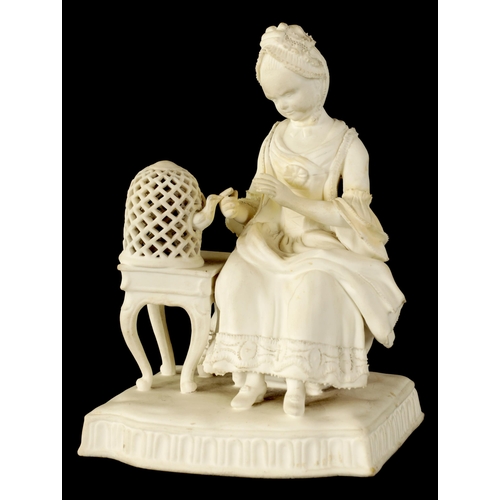 19 - AN 18TH/EARLY 19TH CENTURY BISQUE PORCELAIN SEATED LADY FIGURE AFTER MEISSEN the young lady seated f... 