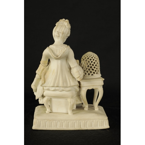 19 - AN 18TH/EARLY 19TH CENTURY BISQUE PORCELAIN SEATED LADY FIGURE AFTER MEISSEN the young lady seated f... 