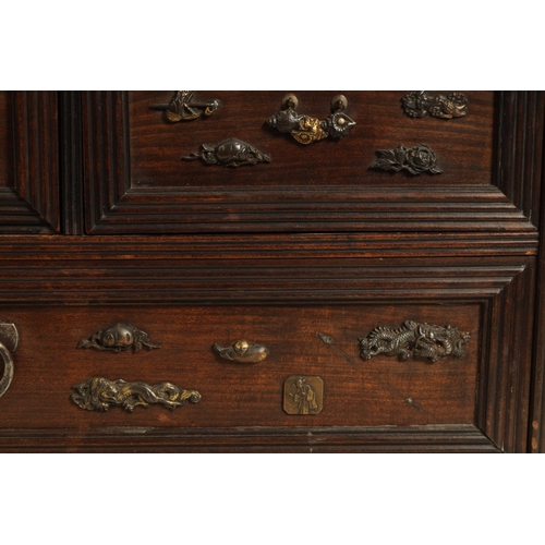 190 - A JAPANESE MEIJI PERIOD STAINED WOOD COLLECTOR'S CABINET fitted with gilt bronze menuki, comprising ... 