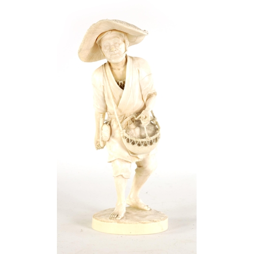 193 - A LARGE JAPANESE MEIJI PERIOD CARVED IVORY FIGURE depiciting a farmer wearing a hat sewing seeds. (2... 