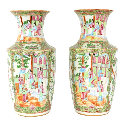 195 - A LARGE PAIR OF 19TH CENTURY CANTONESE VASES of slightly flared shouldered form decorated in the tra... 