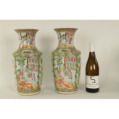 195 - A LARGE PAIR OF 19TH CENTURY CANTONESE VASES of slightly flared shouldered form decorated in the tra... 