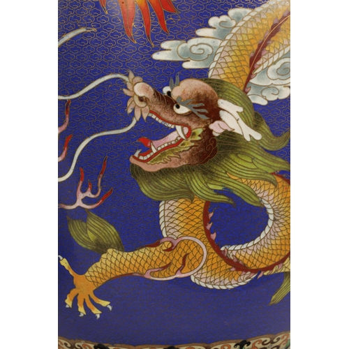 196 - A LARGE PAIR OF CHINESE CLOISONNÉ VASES having brightly coloured enamel decoration depicting dragons... 