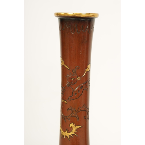 198 - A PAIR OF JAPANESE MEIJI PERIOD MIXED METAL INLAID BRONZE VASES decorated with sprays of flowers and... 