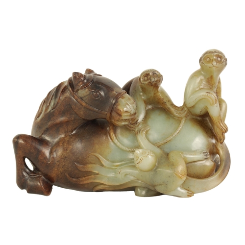 200 - AN EARLY CHINESE CARVED RUSSET JADE SCULPTURE OF A RECUMBENT HORSE AND THREE MONKEYS finely carved a... 