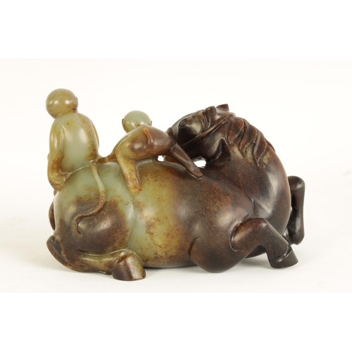 200 - AN EARLY CHINESE CARVED RUSSET JADE SCULPTURE OF A RECUMBENT HORSE AND THREE MONKEYS finely carved a... 