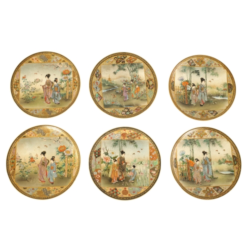 205 - A SET OF SIX JAPANESE MEIJI SATSUMA CABINET PLATES finely decorated with geisha walking in garden se... 