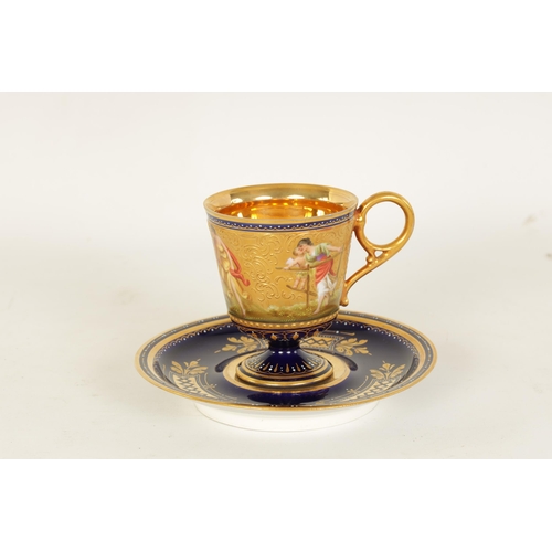 24 - A FINE LATE 19TH CENTURY VIENNA STYLE RICHLY GILT AND ROYAL BLUE CABINET CUP AND SAUCER the pedestal... 