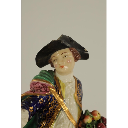 25 - A PAIR OF 18TH CENTURY DERBY PORCELAIN FLOWER SELLER FIGURES well modelled and dressed in detailed b... 