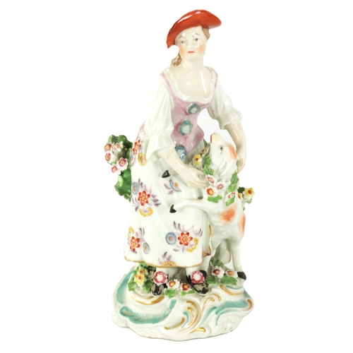 27 - AN 18TH CENTURY DERBY FIGURE OF A SHEPHERDESS finely decorated and embellished with floral sprays, o... 