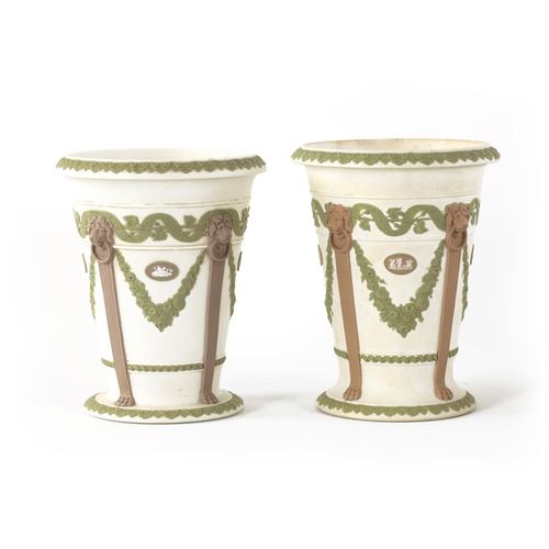 29 - AN UNUSUAL NEAR PAIR OF 19TH CENTURY WEDGWOOD JASPERWARE FLARED FOOTED VASES pale green ground with ... 