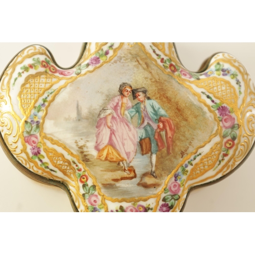 33 - A MID 18TH CENTURY FRENCH SERVES PORCELAIN LEAF SHAPED LIDDED DRESSING TABLE BOX with finely painted... 