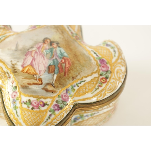 33 - A MID 18TH CENTURY FRENCH SERVES PORCELAIN LEAF SHAPED LIDDED DRESSING TABLE BOX with finely painted... 