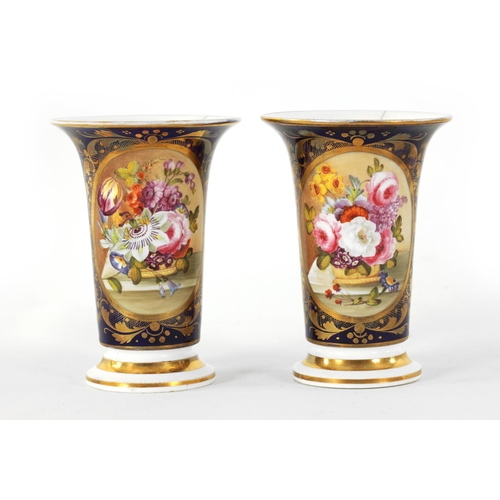 35 - A PAIR OF EARLY 19TH CENTURY DUESBURY DERBY SPILL VASES of flared footed form finely painted with ov... 