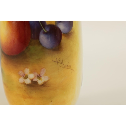 38 - A ROYAL WORCESTER CABINET VASE SIGNED A. SHUCK Circa 1938 painted with ripe fruits (14cm high)