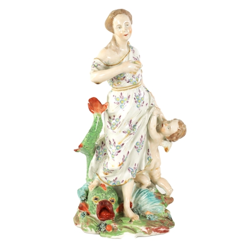 40 - AN 18TH CENTURY DERBY FIGURE OF MINERVA the standing figure modelled with a putti to one side and do... 