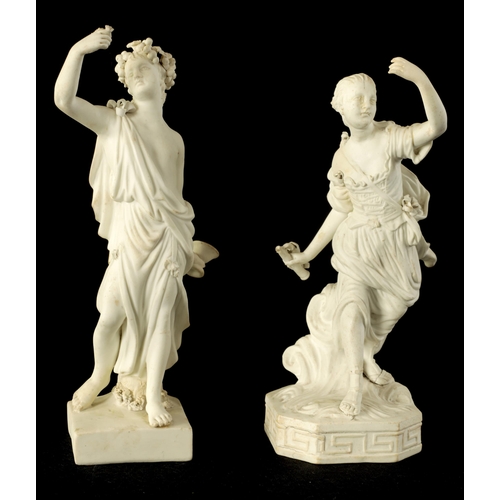 41 - AN 18TH CENTURY DERBY BISQUE PORCELAIN FIGURE OF A CLASSICAL MAIDEN AND ANOTHER SIMILAR the first wi... 