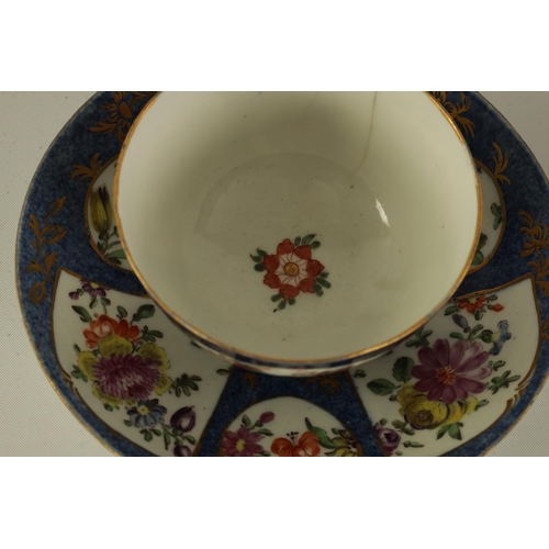 42 - AN 18TH CENTURY FIRST PERIOD WORCESTER TYPE TEA BOWL AND SAUCER blue ground with delicate floral dec... 