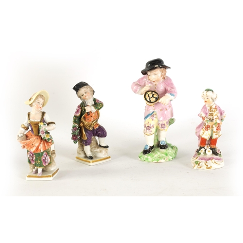 44 - TWO 18TH CENTURY SMALL DERBY POLYCHROME FIGURES OF AN OYSTER VENDOR AND A FLOWER SELLER together wit... 