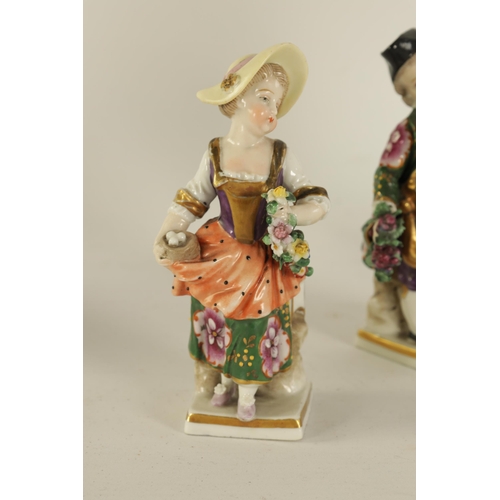 44 - TWO 18TH CENTURY SMALL DERBY POLYCHROME FIGURES OF AN OYSTER VENDOR AND A FLOWER SELLER together wit... 