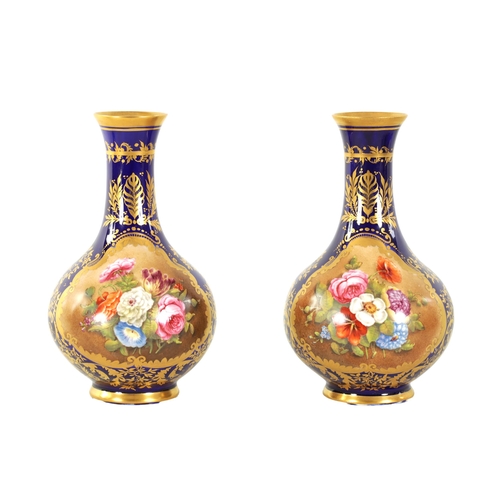 49 - A PAIR OF EARLY 19TH CENTURY DUESBURY DERBY BULBOUS CABINET VASES the Royal Blue bodies richly decor... 