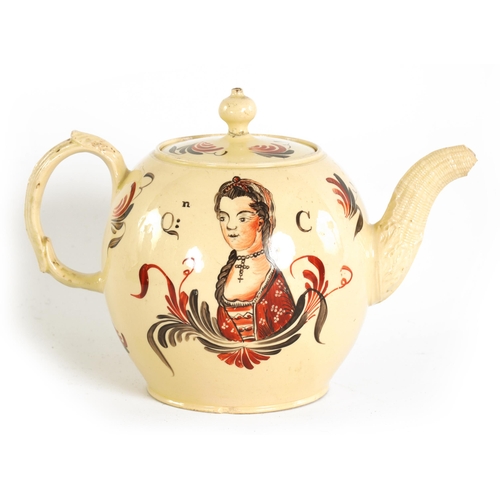 52 - AN 18TH CENTURY STAFFORDSHIRE CREAMWARE ROYAL COMMEMORATIVE GLOBULAR TEAPOT CIRCA 1770 DEPICTING BUS... 