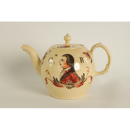 52 - AN 18TH CENTURY STAFFORDSHIRE CREAMWARE ROYAL COMMEMORATIVE GLOBULAR TEAPOT CIRCA 1770 DEPICTING BUS... 